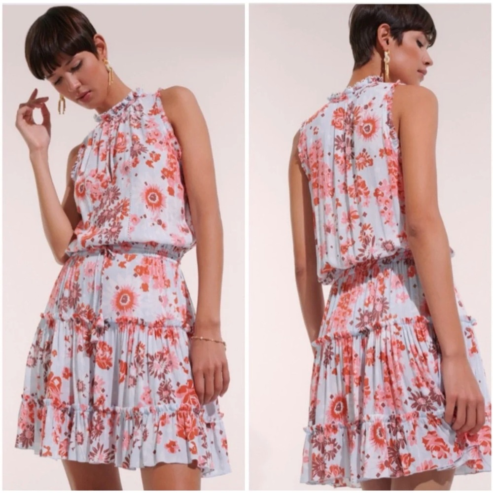 B42 Poupette St Barth Clara Mini Dress M Blue Red Floral Tiered Boho Summer